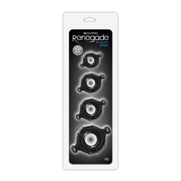 A package of four different sizes of penis rings.