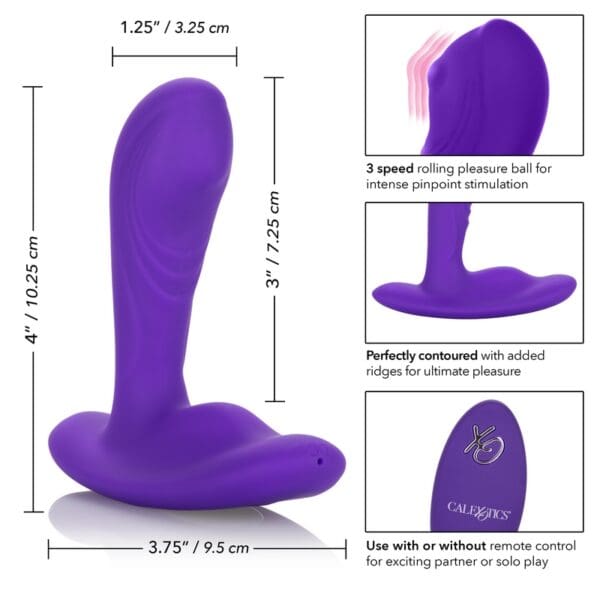 A purple dildo is shown with measurements.