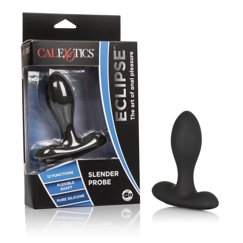 A black eclipse prostate massager next to its packaging.