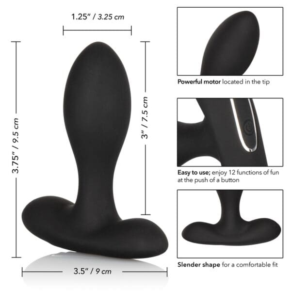 A diagram of the dimensions of a black butt plug.