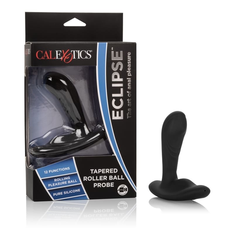 A black eclipse vibrator next to its packaging.