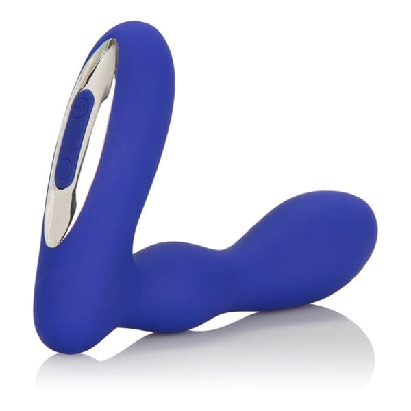 A blue and silver sex toy is laying on the ground.