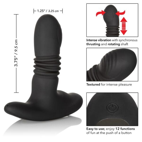 A black dildo is shown with measurements.