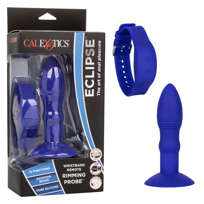 A blue eclipse vibrator next to its packaging.