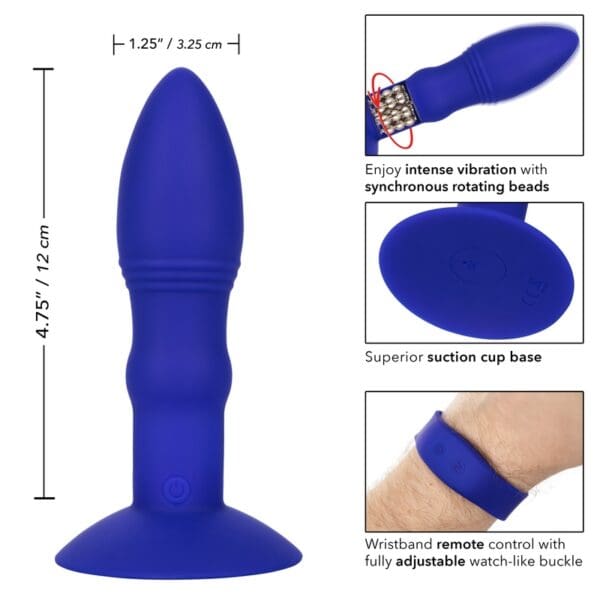 A blue silicone dildo with instructions and measurements.