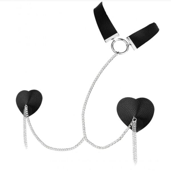 A pair of heart shaped clamps attached to a chain.