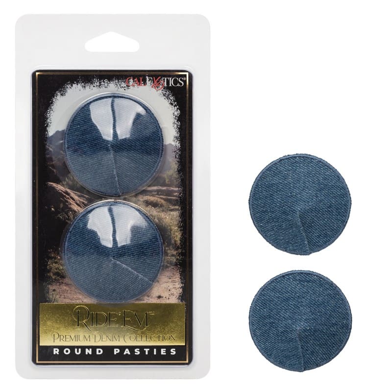 A pair of blue round pasties in packaging.
