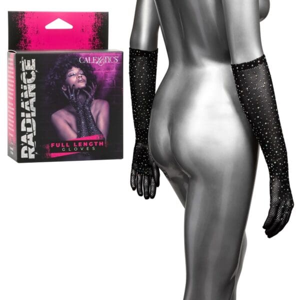 A silver body suit with black gloves on the back.