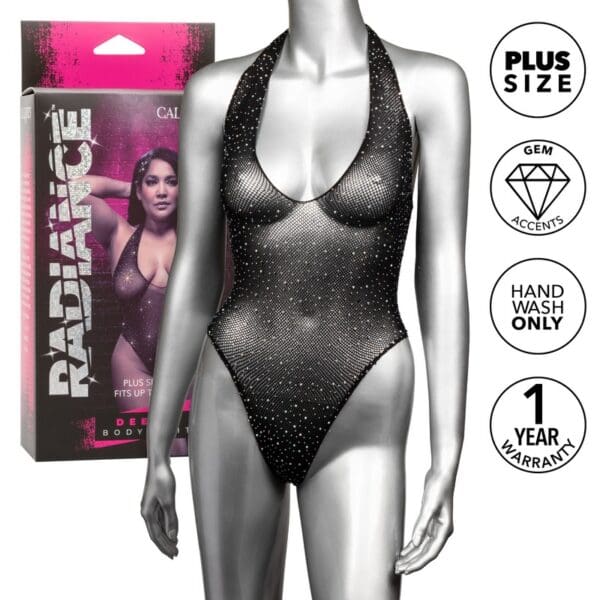 A black and silver one piece swimsuit with rhinestones.