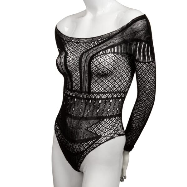 A body suit with long sleeves and a large mesh pattern.