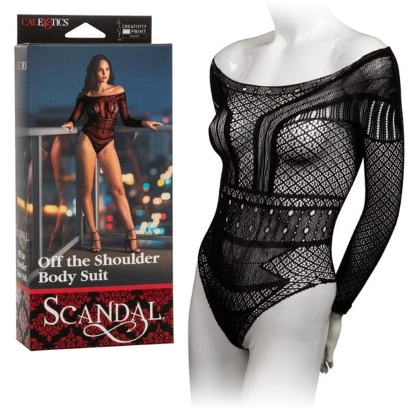 A woman in a body suit with the words " scandal " on it.