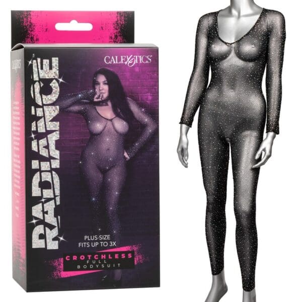 A package of lingerie with a woman in black body suit.