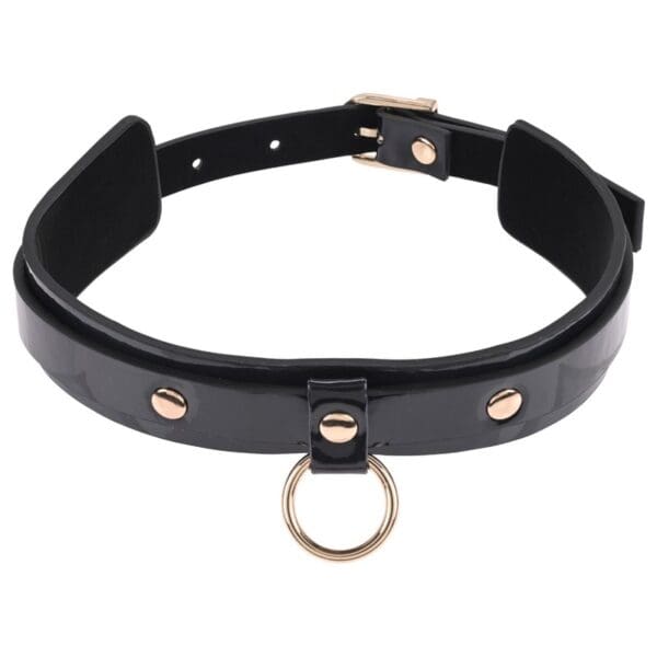 Black leather choker with gold ring.