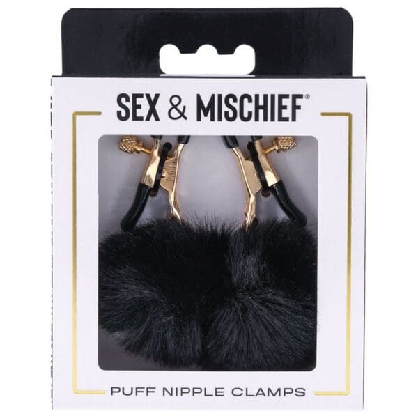 Black furry nipple clamps in box.