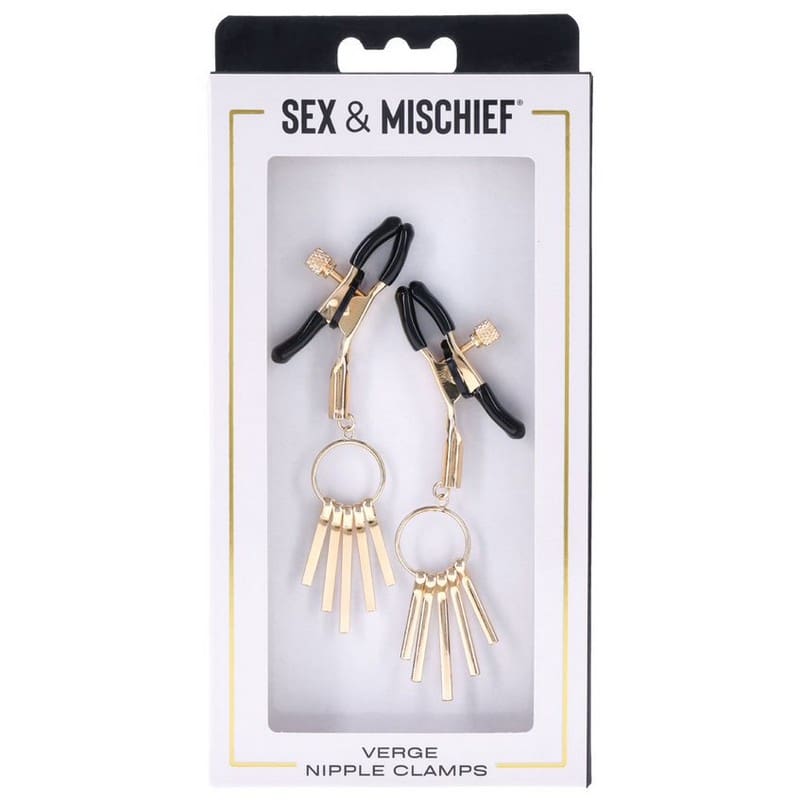 Gold nipple clamps with dangling charms.