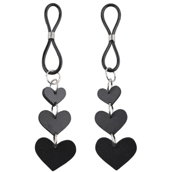 Black leather heart nipple clamps.