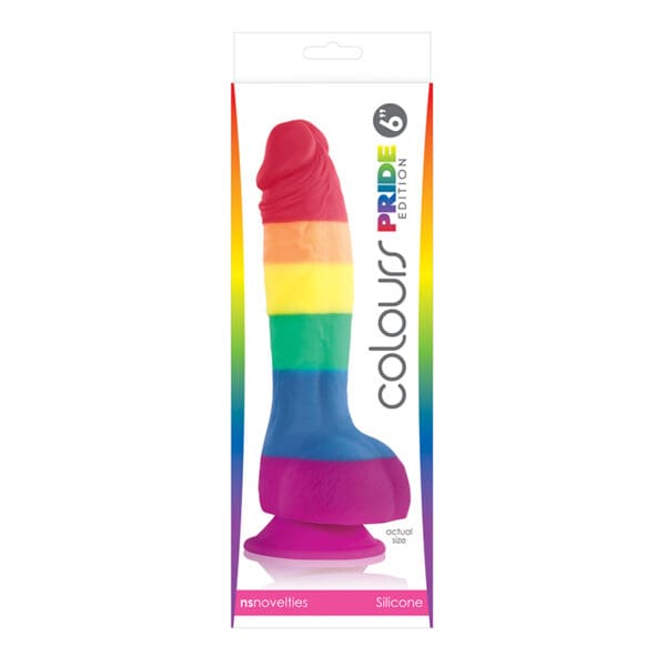 Rainbow silicone sex toy on a white background.