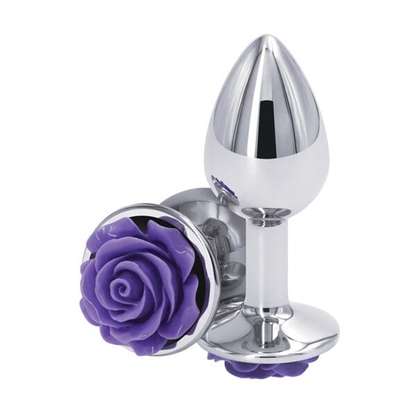 Two silver butt plugs with purple roses.